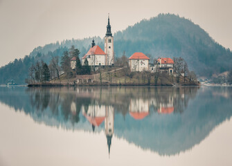 Slovenia, Bled - January 2022: Early morniing at Lake Bed, High Key