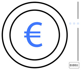 Blue euro sign centered within black concentric circles, complemented by binary code and small dots. Ideal for technology, finance, digital currency, economy, data security, fintech, European trade