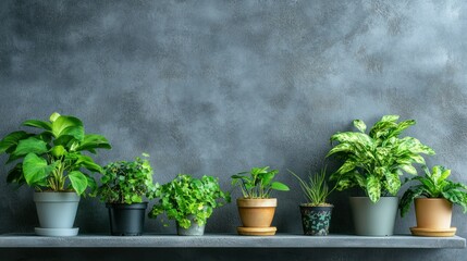 Several potted plants sit neatly on a shelf against a dark wall