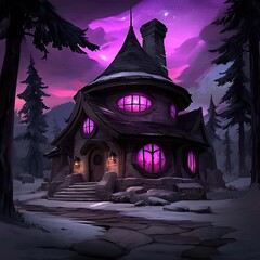 Fototapeta premium Enchanted Elven Cottage Under Starry Sky in Fantasy Landscape with Mystical Colors and Dreamy Atmosphere for Imaginative Artwork and Designs