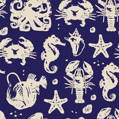 Fototapeta premium Marine, ocean life. Underwater sea creatures set. Octopus, seahorse, nautilus shell, angler fish, crab, lobster, starfish. Hand drawn modern Vector illustration. Square seamless Pattern, background