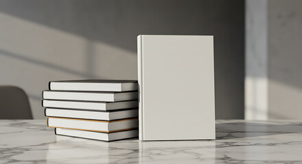 Minimalist stack of notebooks with blank cover on marble table -  