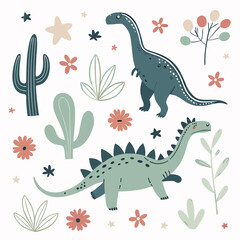 Cute Dinosaurs, Cactus, Flowers and Plants Illustration