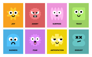 Naive Playful Simple Shapes with various Emotions, Vibrant color abstract for Mental health, Retro Geometric design. Neon Trendy Y2k stickers for psychology. Track emotions for Kids. Vector Flat