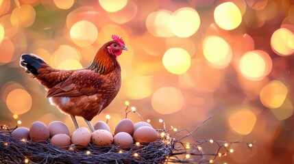 A hen stands proudly in a nest surrounded by eggs, with a dreamy, blurred background of warm lights creating a magical ambiance.