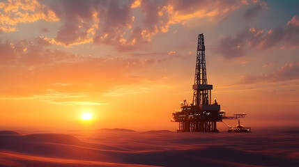 Oil rig in the desert in the sunset, beautiful oil mining background, wallpaper