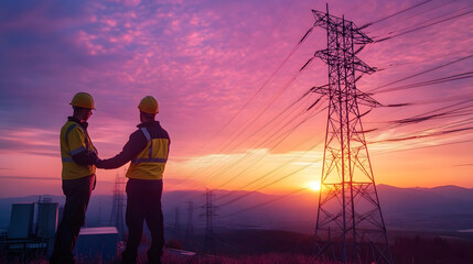 Engineers Inspecting Power Grid Towers at Sunset: Ensuring Reliable Energy Transmission
