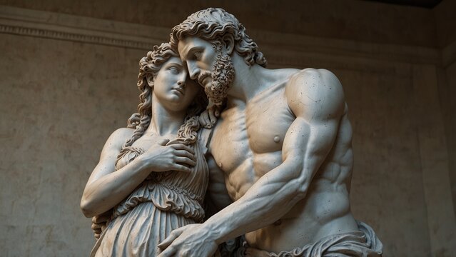 A statue of Peleus and Thetis, their hands entwined, symbolizing the union of a mortal and a sea goddess
