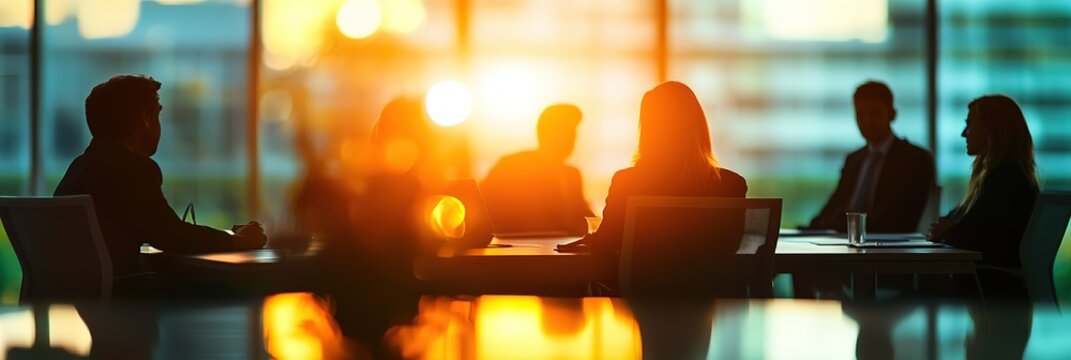 Leadership silhouette and business people in blurred conference room for discussion, development or growth Planning, teamwork or office employees in meeting for negotiation, Wide background