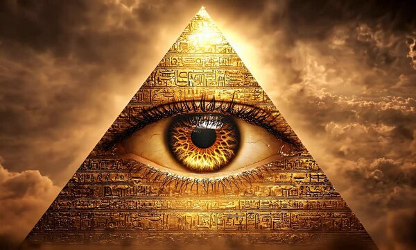 Pyramid eye design amidst clouds. Hieroglyphs decorate stone. Golden light emphasizes the eye's glow