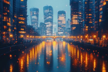 Fototapeta premium Chicago River Cityscape Skyscrapers at Dusk with Reflections