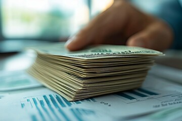 A hand hovering near a stack of united states paper currency