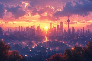 Fototapeta premium Downtown Omaha Nebraska Cityscape at Sunset with Glowing Skyline and Modern Skyscrapers