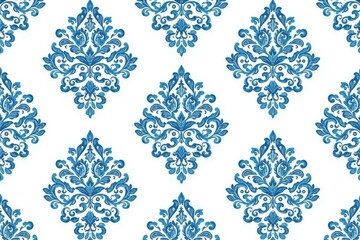 Subtle blue damask pattern on white, featuring delicate paisley elements, graphic, pattern, wallpaper