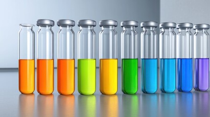 Colorful vials of liquid in a laboratory setting.  A vibrant image showcasing science, research, or medicine.