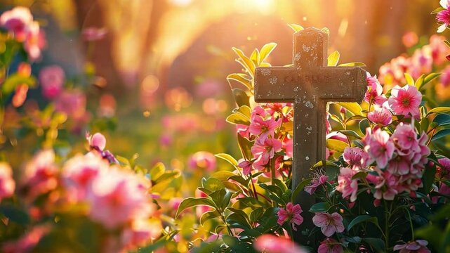 A Serene Moment: A stone cross amidst a vibrant garden of blooming flowers, with the soft, ethereal glow of sunlight filtering through the scene.