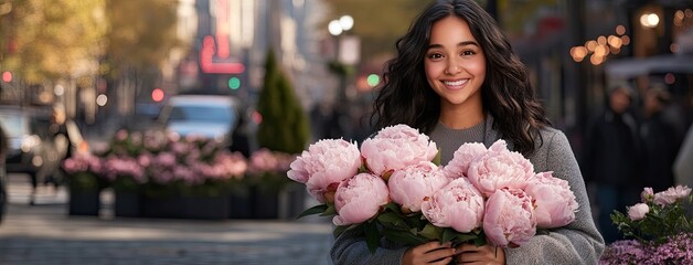 A woman showcases large pink peonies against a vibrant city street filled with neon lights late at night, exuding elegance