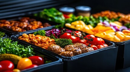 Fototapeta premium Delicious Catering Platter: Assorted Grilled Meats, Fresh Vegetables, and Sauces