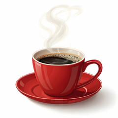 A red cup with a white rim and a red saucer with a brown liquid in it