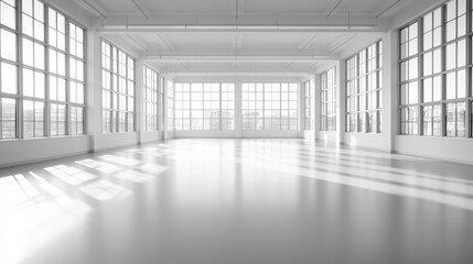 Fototapeta premium A bright, spacious room with large windows, featuring a minimalist design and polished floor, perfect for various uses like studios or offices.