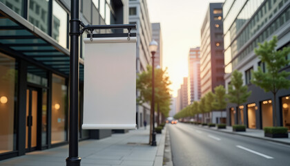 Fototapeta premium Street banner mockup. Vertical street banner mockup on city sidewalk with modern buildings at sunrise