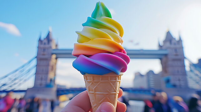 Enjoying rainbow ice cream close up at tower bridge london a sweet vacation travel landmark experience