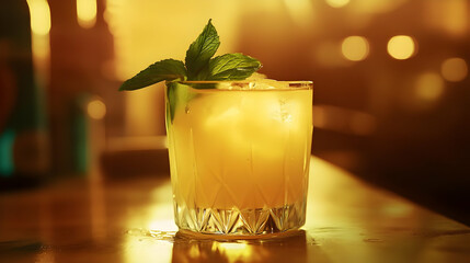 A refreshing cocktail garnished with mint, served in a stylish glass.