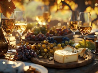 Wine and Cheese Tasting Outdoor in Vineyard at Sunset Light