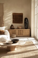 Neutral-toned living room with a wooden cabinet, textured wall hangings, and a unique dark-colored mask sculpture.