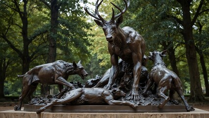 A statue of Actaeon, watching in horror as he transforms into a stag, mauled by his own hounds