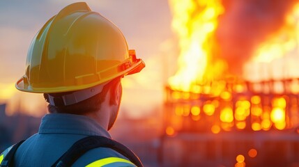 A construction worker in a hard hat observes a raging fire consuming a building during sunset.