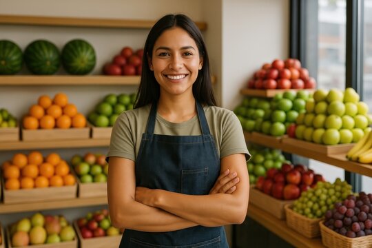 Smiling grocer with fresh produce. - Powered by Adobe