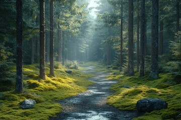 Obraz premium Tranquil Pine Forest with Winding Path and Dappled Sunlight in Autumn