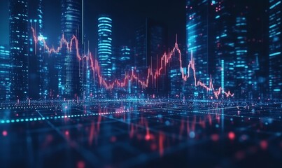 A vibrant visual of a stock market graph superimposed on a modern city skyline at night, showing the volatility