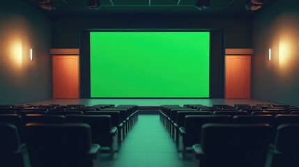Cinema theater with a green screen, professional-grade lighting, and empty modern seats, setting the scene for a cinematic experience,  A sophisticated cinema theater with a green screen backdrop, 