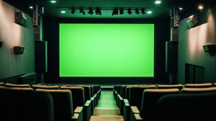 Cinema theater with a green screen, professional-grade lighting, and empty modern seats, setting the scene for a cinematic experience,  A sophisticated cinema theater with a green screen backdrop, 