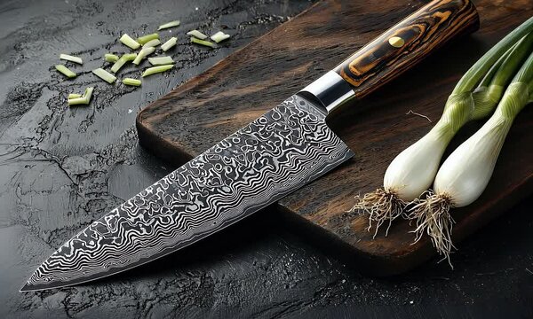 Damascus steel chef's knife resting on wood board, with spring onions beside, atop a textured dark surface