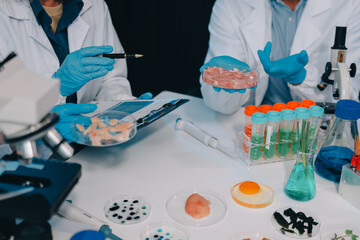 Fototapeta premium Team Asian scientists in a lab conducting food research using a microscope and lab equipment, showcasing innovation in food science and biotechnology