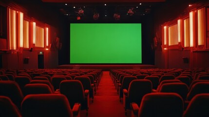 Fototapeta premium Cinema theater with a green screen, professional-grade lighting, and empty modern seats, setting the scene for a cinematic experience, A sophisticated cinema theater with a green screen backdrop, 