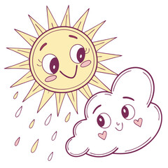 A charming kawaii sun smiles warmly while a friendly cloud floats nearby, sharing a delightful moment of companionship. Both characters exhibit sweet expressions and appeal to all ages