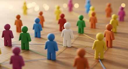 Colorful figures connected by lines linked by lines in a dynamic pattern, highlighting community and social connections,vibrant network of interconnected figurines, 