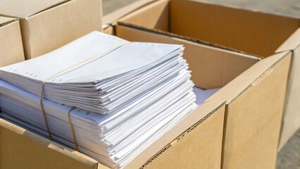 Shipping Concept. Stacks of paper bundled and stored in cardboard boxes outdoors.