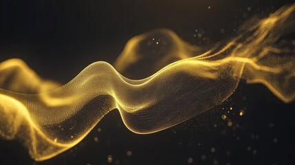 Abstract gold waves with shiny moving lines and glitter effect on dark background. Ideal for gift, greeting card, and discount voucher designs, symbolizing luxury, elegance, and celebration