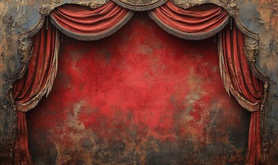 an elegant red stage curtain with an ornate frame, exuding a sense of grandeur and anticipation. The rich red curtain drapes gracefully, set against an aged backdrop