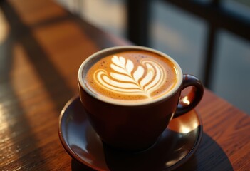 artistic latte patterns swirling foam dark wooden table craftsmanship coffee aesthetic natural light cozy, cafe, brown, milk, surface, ripple, crema, cup