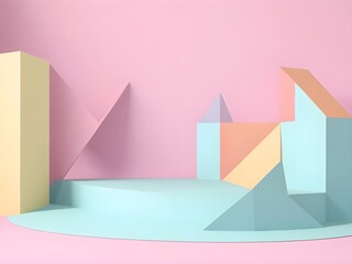 Pastel geometric shapes creating a whimsical, dreamy landscape on a soft pink background.
