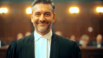 Smiling male lawyer in courtroom wearing legal robe, standing confidently before trial, perfect for justice system visuals, attorney branding, legal firm ads, and professional portraits - Powered by Adobe