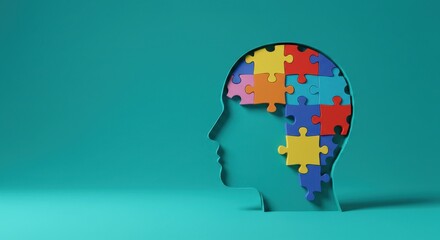 Human head profile filled with puzzle pieces against a teal background in studio lighting