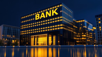 Fototapeta premium Night View of a Modern Bank Building in the City