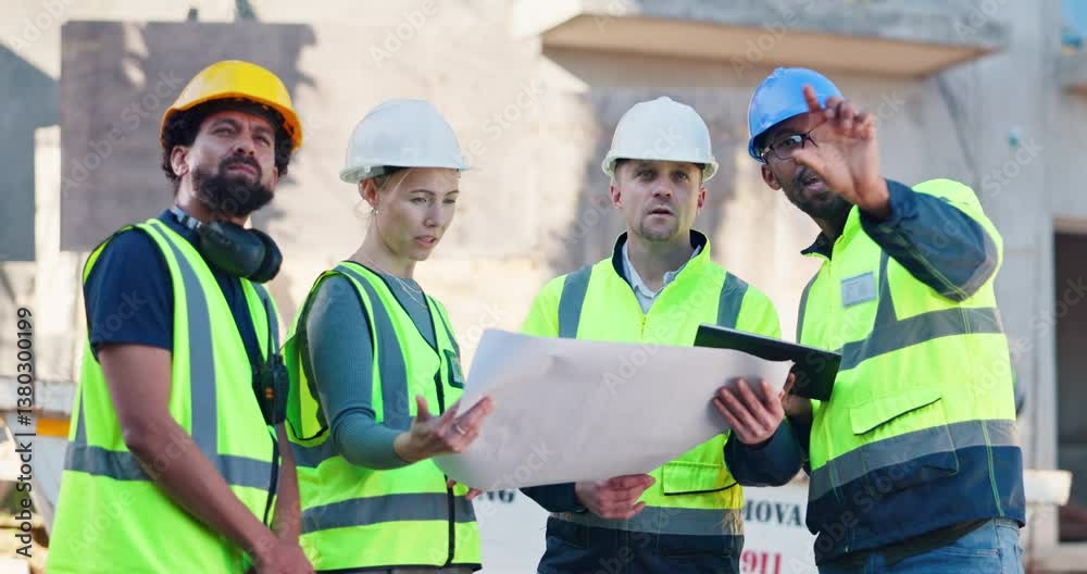 Poster group, architect and support with blueprint for construction planning, site inspection and architect